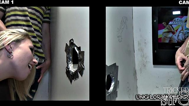athletic straight stud gets worked over at the glory hole by a hungry guy