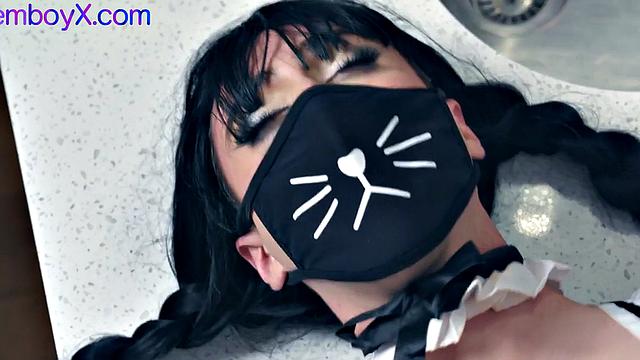 Maid femboy fucked by hunk DILF on kitchen surface