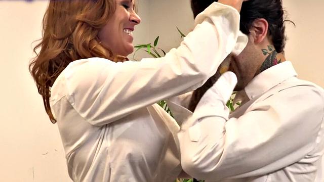 MILF secretary in a tight blouse gets her pierced pussy pounded at work