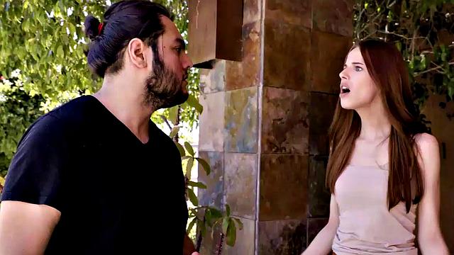 Redhead with long hair seduces her BF with hot outdoor pussy licking and handjob