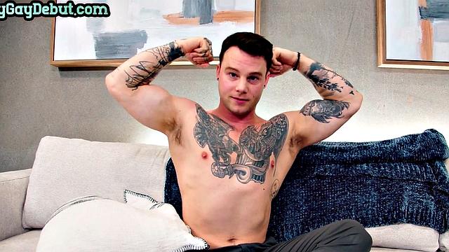 Debut stud jerks and cums for camera after casting