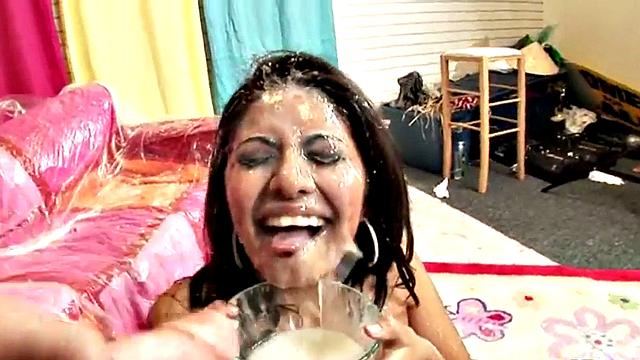 Bukkake fetish babe sucks and fucks off dicks