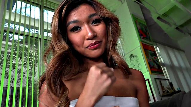 POV Asian babe rides cock and talks nasty after oral