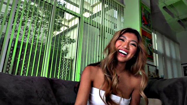 POV Asian babe rides cock and talks nasty after oral