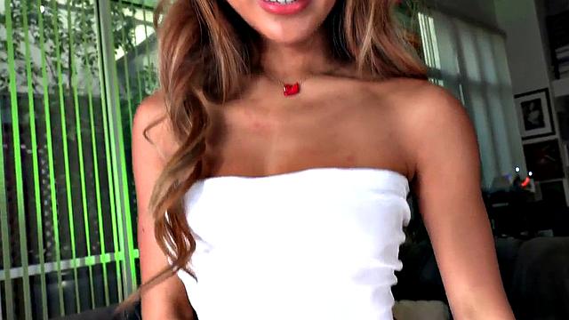 POV Asian babe rides cock and talks nasty after oral