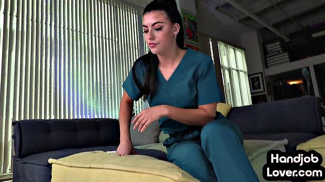 Dirty talking babe wanking lover's dick