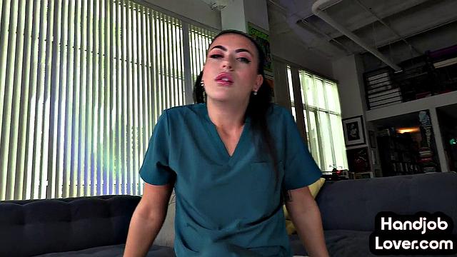 Dirty talking babe wanking lover's dick