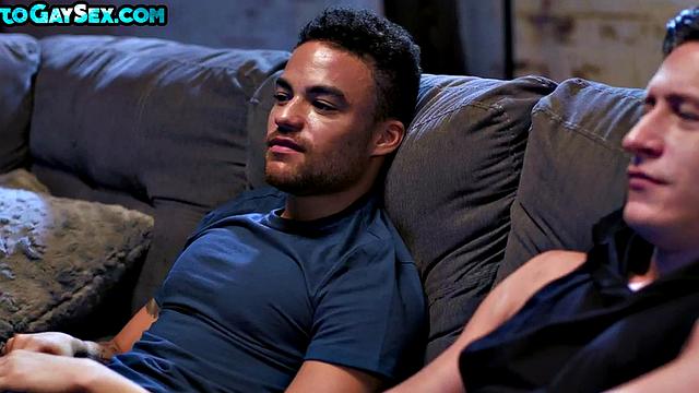 Athletic jock barebacks Ebony on couch till cumshot