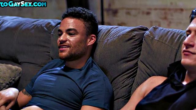 Athletic jock barebacks Ebony on couch till cumshot