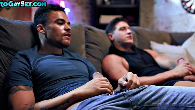 Athletic jock barebacks Ebony on couch till cumshot