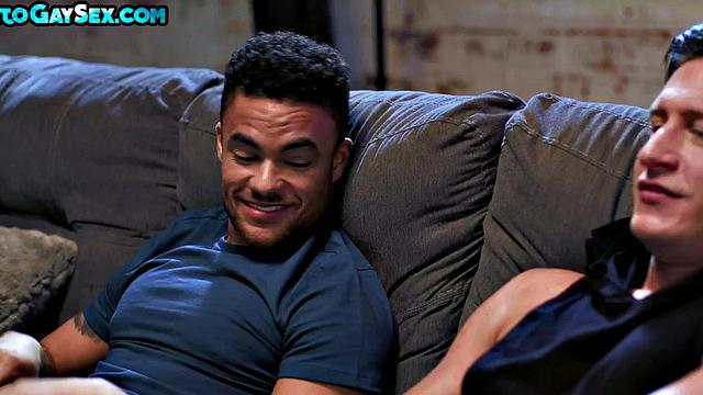 Athletic jock barebacks Ebony on couch till cumshot