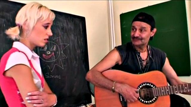 Schoolgirl sucks off old man in dirty trio