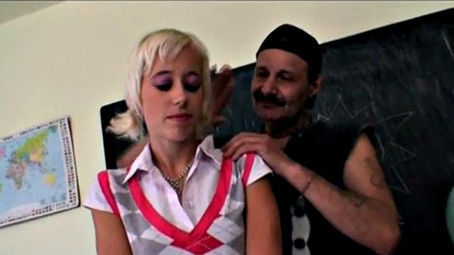 Schoolgirl sucks off old man in dirty trio