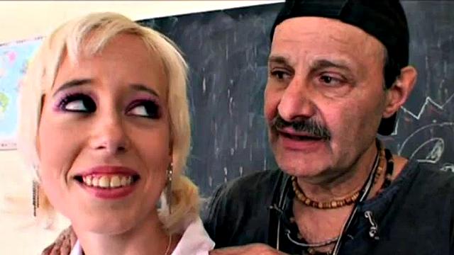 Schoolgirl sucks off old man in dirty trio