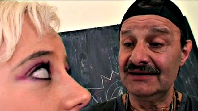 Schoolgirl sucks off old man in dirty trio