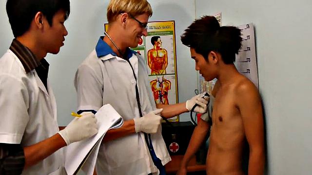 College uniform Asian twink fucked in doctor's 3some