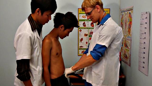 College uniform Asian twink fucked in doctor's 3some