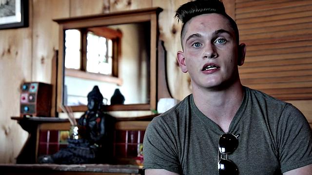 Smooth stud masturbates on bed for sperm shot solo