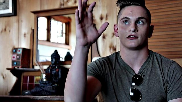 Smooth stud masturbates on bed for sperm shot solo