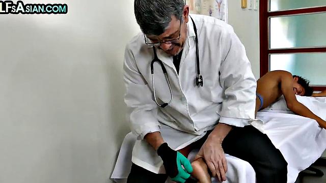Gay doctor bareback fucks Asian after anal check