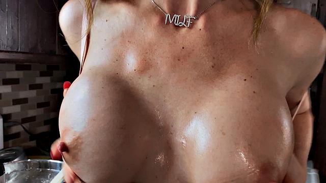 Cherie's bald pussy gets a taste of some kitchen fun