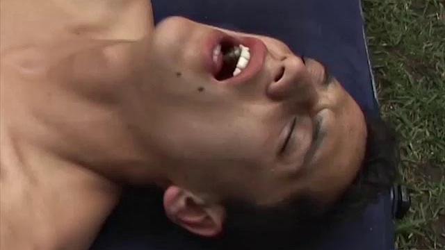 These two Latinos are on an air bed out in the garden. They kiss and undress each other and we see Fabio and Ramiro are rock hard by the time their pants come off.