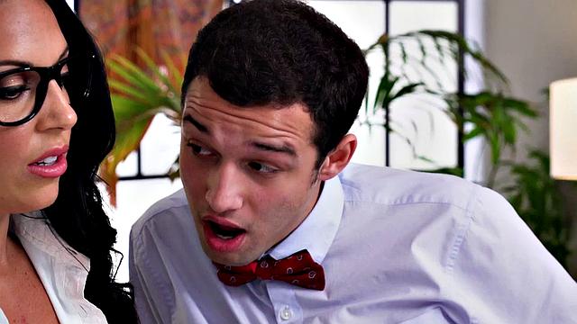 Kinky tattooed MILF deepthroats and rides nerd's big cock in reverse cowgirl position