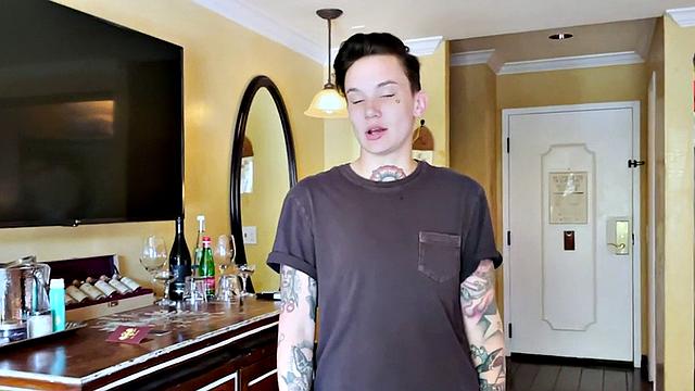 Tattooed teen Mature inked pussyboy gives a sloppy kiss to a stranger in BTS scene