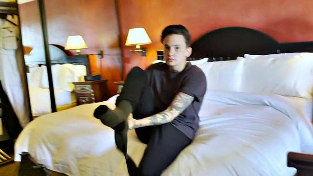 Tattooed teen Mature inked pussyboy gives a sloppy kiss to a stranger in BTS scene