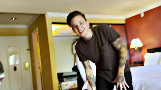 Tattooed teen Mature inked pussyboy gives a sloppy kiss to a stranger in BTS scene